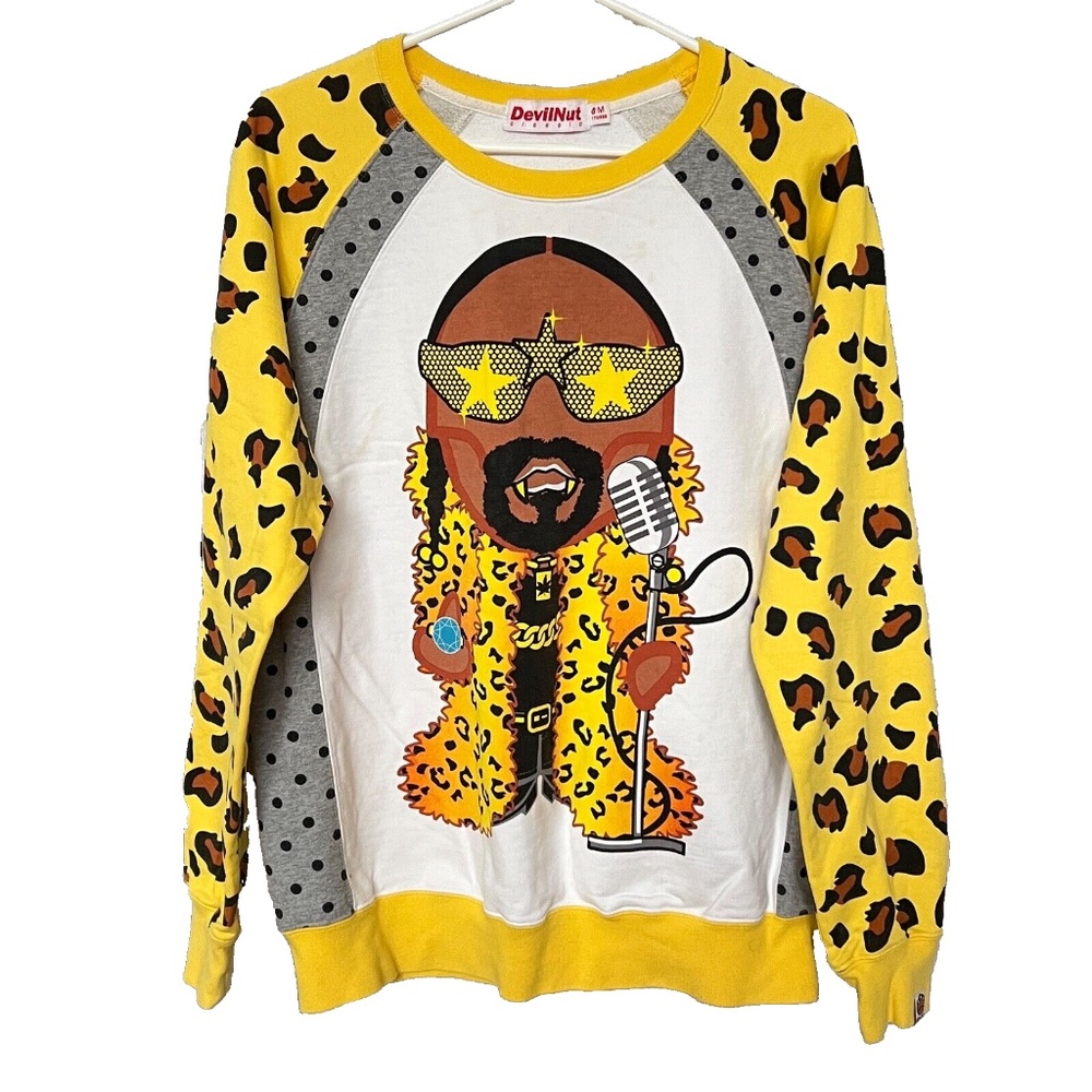 Devil Nut Sweatshirt Mens  M Make Some Noise Leopard Print Sleeves 100% Cotton
